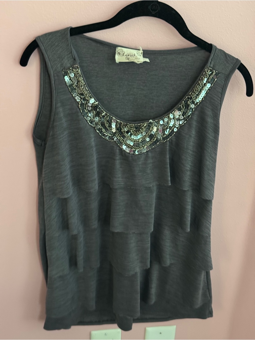 Lavish Gray Beaded Tiered Sleeveless Tank Top